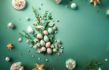 A green background with  Easter eggs, white flowers, gold stars, and green leaves.