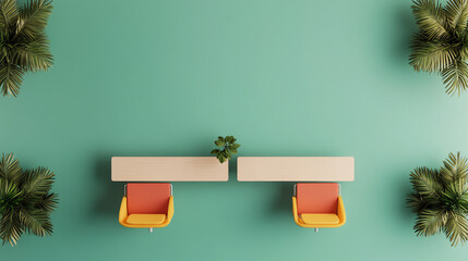 Minimalist workspace featuring two orange chairs and a green background, perfect for modern interior design inspiration.