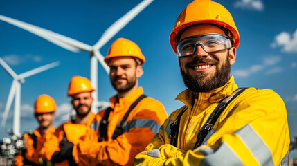 group of smiling construction workers in safety gear stands confidently in front of wind turbines, showcasing teamwork and dedication to renewable energy