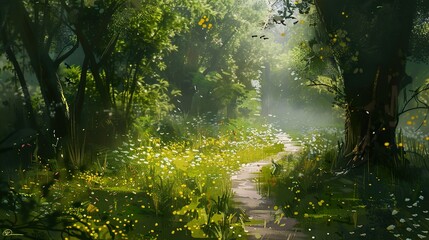 Poster - Sunlit Forest Path with Wildflowers - A Dreamy Landscape