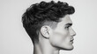© Marketplace - Profile view of a young man with stylish curly hair, showcasing a defined jawline and a modern hairstyle on a neutral background.