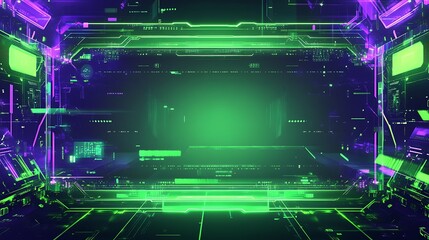 Abstract digital green and purple neon glowing frame background.