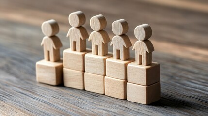 Wooden Peg Figures, Symbolizing Team Collaboration, Success Visualization on Stacked Blocks, Wooden Table Background