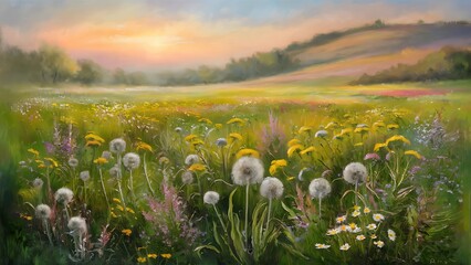 Oil painting  flowers dandelion, cornflower, daisy in fields. Sunset  meadow landscape with wildflower, hill and sky in orange and blue color background. Hand Paint summer floral Impressionist style