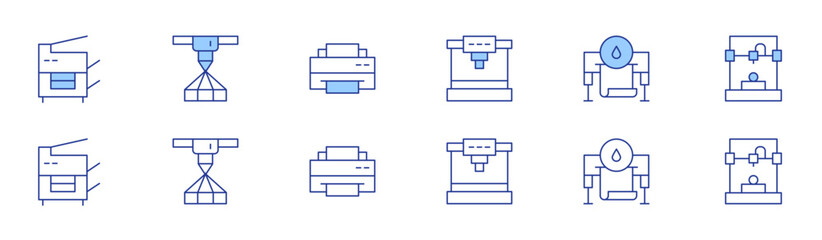 Printer icon set in two styles, Duotone and Thin Line style. Editable stroke. eco-friendly printing, network printer, print job, print cylinder, print brochure, print icon