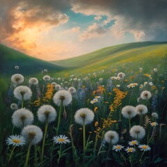 Oil painting  flowers dandelion, cornflower, daisy in fields. Sunset  meadow landscape with wildflower, hill and sky in orange and blue color background. Hand Paint summer floral Impressionist style