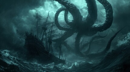 Sea Monster Battles Ancient Ship in Stormy Waters