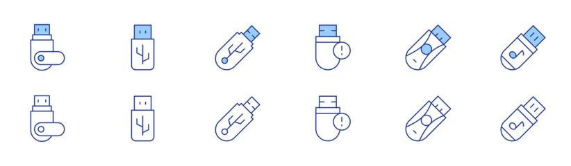 Usb flash drive icon set in two styles, Duotone and Thin Line style. Editable stroke. SSD, rugged drive, bootable drive, repair, USB port