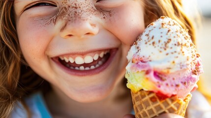 A young girl with freckles smiles brightly while enjoying a colorful ice cream cone.