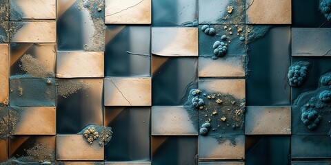 Wall Mural - Abstract blue and gold tiled wall texture with grunge and cracks.