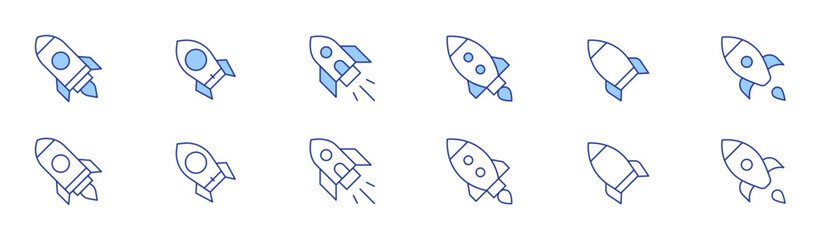 Rocket icon set in two styles, Duotone and Thin Line style. Editable stroke. startup, rocket, rocket launch