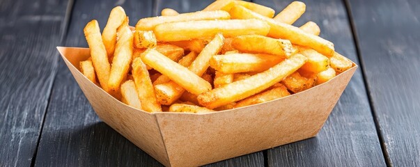 Crispy French fries in a branded container, arranged in a fast food tray setup with vibrant lighting to enhance the texture and color, 3D illustration