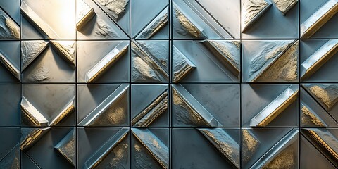 Wall Mural - Modern geometric tile wall with metallic and textured accents.