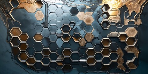 Sticker - Abstract hexagonal pattern in gold and blue colors, futuristic tech background.