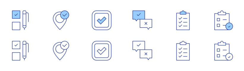 Checkmark icon set in two styles, Duotone and Thin Line style. Editable stroke. survey, checklist, vote, checkmark, clipboard, done