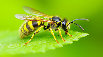  A close-up photo of a wasp with yellow and black stripes perched on a green leaf.