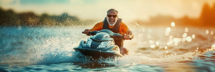 Senior male riding a jetski in water. Summer tropical sports.