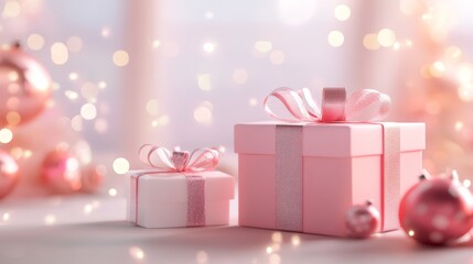 Pink christmas delight, gift box and sparkling tree on a festive background 