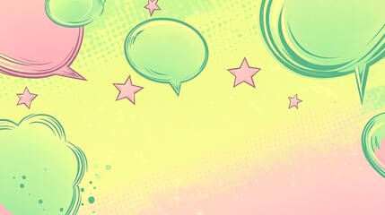 Green and pink speech bubbles with stars on a yellow and pink background.