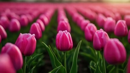 Vibrant field of pink tulips, with the vibrant colors balanced by the uniformity of the landscape