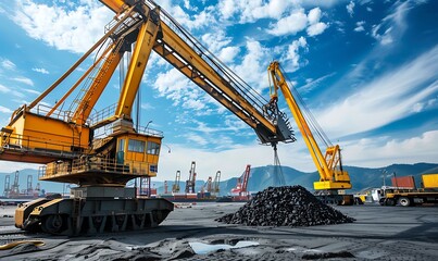 Crane in a coal mine at sunset, closeup. Industrial background