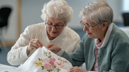 Elderly women engaged in embroidery, showcasing their skills and creativity. atmosphere is warm and inviting, reflecting sense of community and shared learning