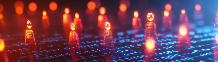Digital innovation in cybersecurity is represented through holographic figures amidst backdrop of binary code, symbolizing intersection of technology and security