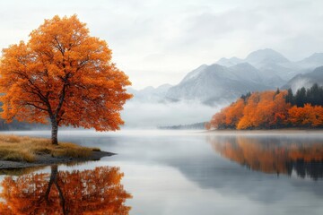 A serene autumn landscape featuring vibrant orange and yellow foliage