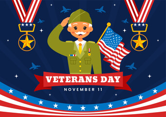 Happy Veterans Day Vector Illustration on November 11 featuring the USA Flag and Soldiers, Honoring All Who Served in a Flat Style Cartoon Background