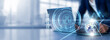 © Theyone - Technical Support: Assistance, troubleshooting, guidance, solutions, customer service. Businessman selects a checkbox and uses laptop analyzing data graph growth on global network.