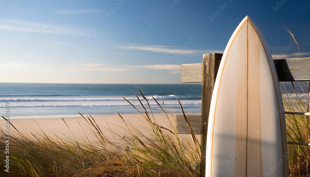 Surfboard resting against a wooden beach fence with grasses swaying by ...
