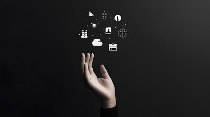 Wall Mural - A hand reaching up with digital icons against a dark background, representing technology.