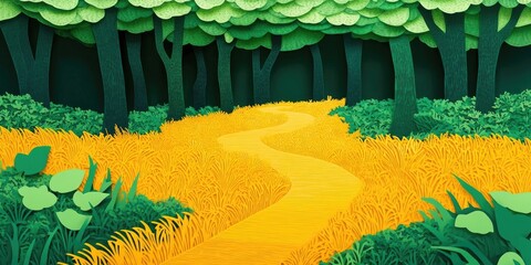 Canvas Print - Walking trail amidst vibrant yellow grass leading to lush green trees, Scenic pathway through bright yellow grass towards green foliage