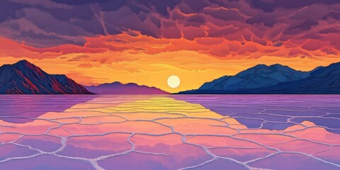 Wall Mural - Capturing the beauty of a breathtaking sunset over expansive salt flats, Dramatic sunset over vast salt flats