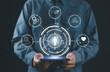 © Nirusmee - Target customer, buyer persona, customer behavior concept. Marketing plan and strategies. Personalization marketing, customer centric strategies. Businessman showing on screen to target customer.