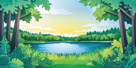 Canvas Print - State park landscape featuring a serene lake surrounded by greenery, captured during the summer season, Serene lake landscape in a state park surrounded by lush greenery