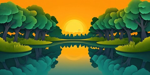 Wall Mural - Summer landscape with trees mirrored in a river, illuminated by the warm rays of the setting sun, Serene summer river landscape with trees reflecting in the water under warm sunset light