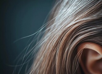 close-up of a woman's hair with a gray patch on the top, a beautiful brown, straight, long female ha
