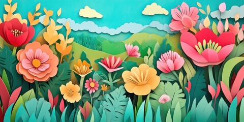 Poster - Springtime in a picturesque landscape adorned with blooming flowers and vibrant colors, Spring landscape with blooming flowers and vibrant colors