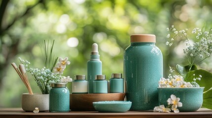 Natural beauty products displayed on wooden table with green background.