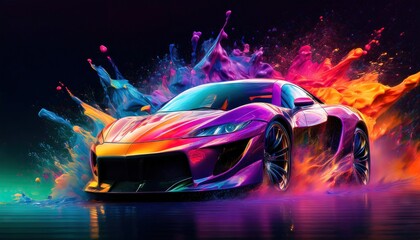 Wall Mural - Vibrant Sports Car Against Colorful Splash Background