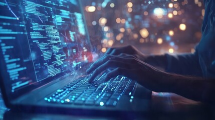 Hands Typing on a Laptop with Blue Glowing Code on the Screen