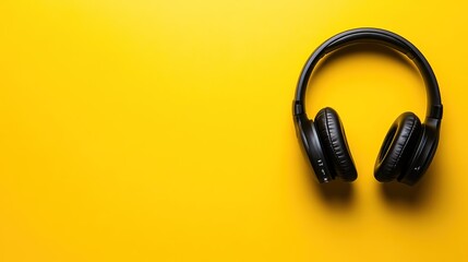 Sleek black headphones on yellow background, attractively positioned with slight tilt, symbolizing a sale, emphasizing modern design and audio technology.