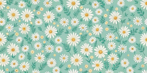 Wall Mural - An Abstract Floral Pattern with White Blossoms and Delicate Green Foliage on a Soft Blue Background
