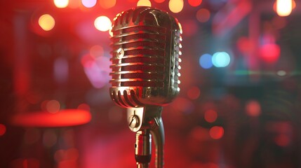 Retro microphone on the stage in a nightclub, close up.