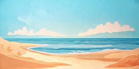  Endless blue sky over a sandy beach and vast ocean, Serene beach landscape with blue sky and ocean horizon
