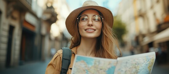 A young woman wearing a hat and glasses looks at a map while walking down a street in a city.