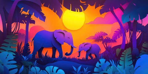 Poster - Elephants in a vibrant wildlife setting within a stunning natural park environment, Elephants in a vibrant wildlife setting in a stunning natural park