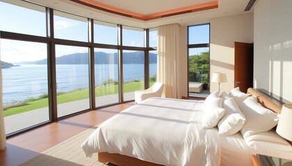 Luxurious bedroom with large bed, white linens, and floor-to-ceiling windows overlooking the water.
