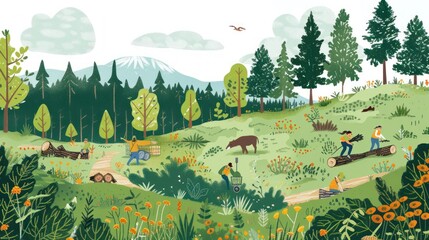 Wall Mural - A whimsical illustration of people enjoying a forest setting with various plants and animals